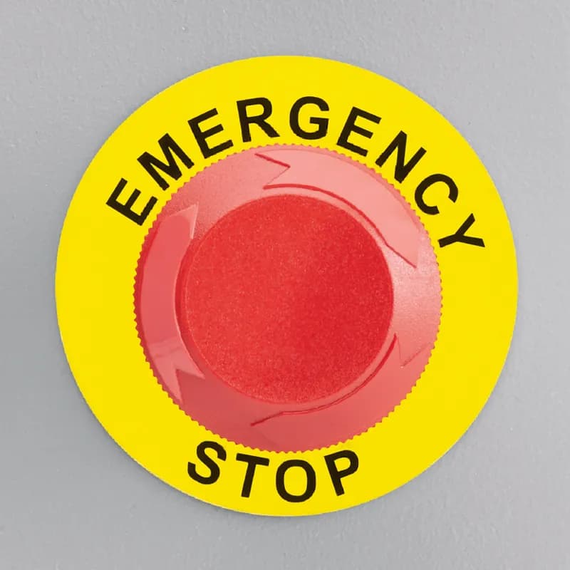 Pre-printed raised panel Emergency Stop label, Black on Yellow, 60mm diameter x 30.5mm hole.
