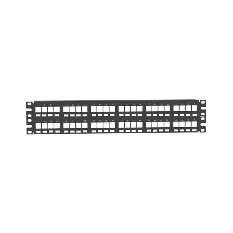 Panduit NKPP48FMY - The NetKey Flush Mount Modular Patch Panel accepts up to 48 keystone modules for unshielded applications in 2 RU and mounts to 19 inch and 23 inch racks and cabinets. The panel mounts flush with the rack, can be identified with adhesive labels, and is black.