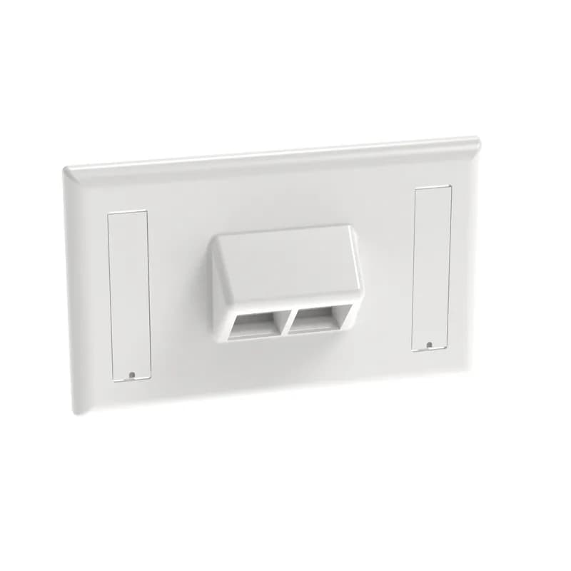 The NetKey Faceplate accepts two keystone modules. The faceplate is single gang and mounts horizontally to a NEMA standard single gang opening. The faceplate includes a label pocket for easy identification and is white.