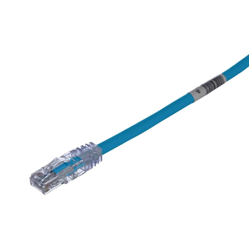 The TX6 PLUS Cat 6 UTP Patch Cord is a 2.5-Meter, Blue cord constructed of 24 AWG, unshielded, twisted pair, stranded, CM cable with high-performance modular plugs. Its tangle-free latch prevents snags and ensures a fast release, streamlining moves, adds, and changes. The slender strain relief boot provides easy access in high-density applications. Enabled with RapidID, the product has pre-installed barcodes for simple port mapping using RapidID software.