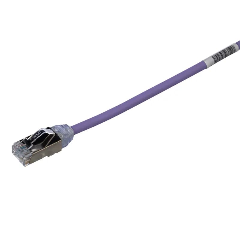 The TX6A-28 10Gig Cat 6A STP Patch Cord is a 3-Meter, 0.185-inch (4.7mm) diameter, Violet cord constructed of 28 AWG, shielded, twisted pair, solid, CM/LSZH cable with high-performance modular plugs. Its compact 28 AWG design simplifies installation and management. The tangle-free latch prevents snags and ensures a fast release, streamlining moves, adds, and changes. Enabled with RapidID, the product has pre-installed barcodes for simple port mapping using RapidID software.