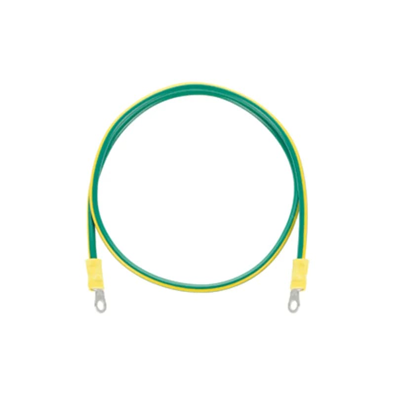 #10 AWG (6mm ) jumper, 24 in. (61 mm ) L, pre-terminated with one #10 (5.3mm) and one 1/4" (6.4mm)stud hole ring terminals to provide a bolt-on solution for grounding network equipment.