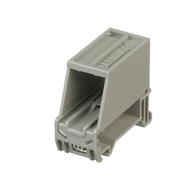 The Mini-Com DIN Rail Mount Adapter mounts to standard 35mm DIN rails and accepts any single port Mini-Com Module. It is international gray and includes a label and label cover.