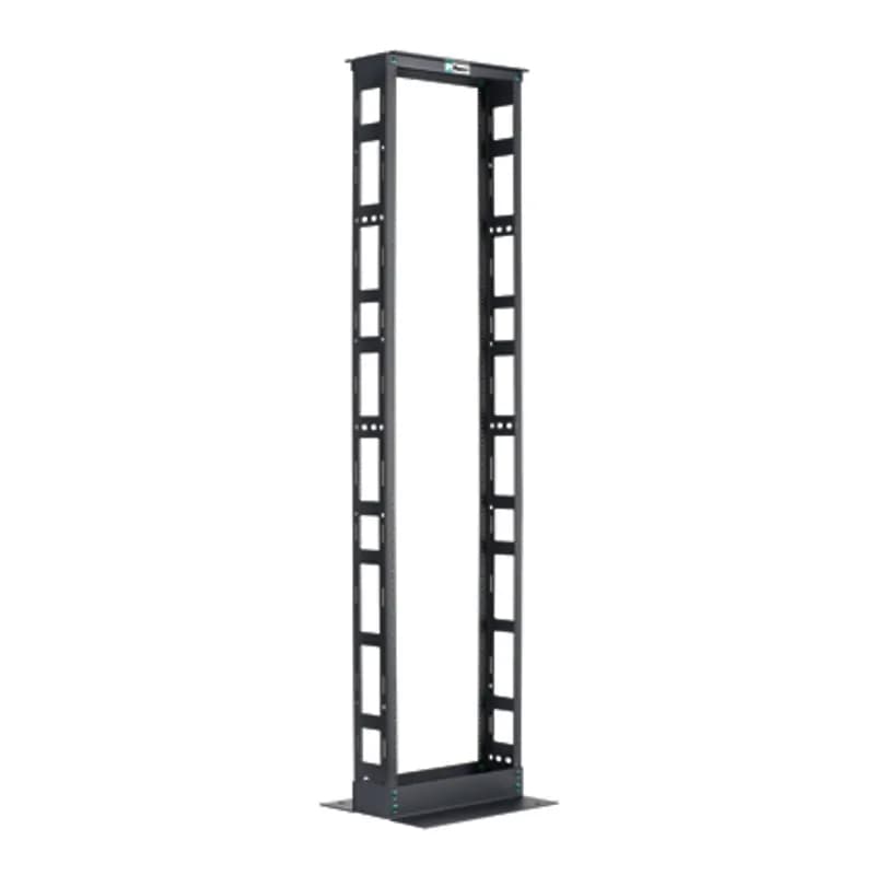 The 2-Post rack provides a reliable foundation for mounting telecommunications and data center equipment. The 96 inch tall rack accepts 19-inch wide equipment with mounting rails that have #12-24 EIA universal mounting hole spacing, and printed numbering from the bottom up. A range of cable managers and accessories work with the rack. The 6-inch deep channel rack is UL listed for 1,500 pounds and is made of steel. The rack is 52 RU and black.