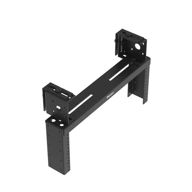 The PanZone Overhead Distribution Rack expands rack space above a rack or cabinet to maximize space in data centers and telecommunications rooms. The overhead rack can mount to most overhead racks or cable trays, or be suspended from the ceiling in numerous configurations. The distribution rack enables the deployment of zone areas for greater scalability and quicker server deployments. The overhead rack is 4RU, rated for 60 pounds, made of steel, and is black.