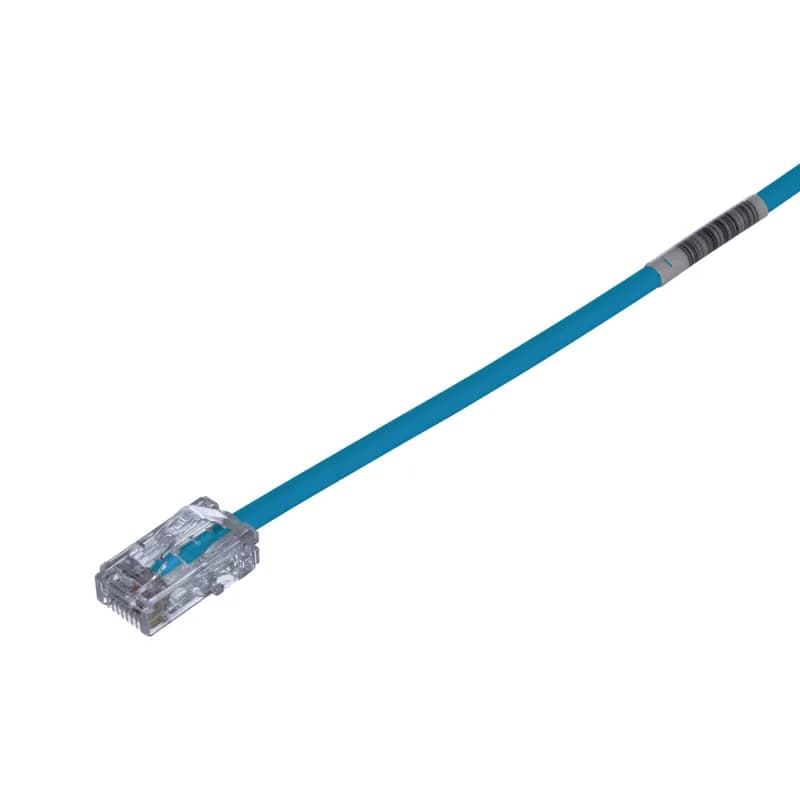 The TX5e Cat 5e UTP Patch Cord is a 4-Foot, 0.150-inch (3.8mm) diameter, Blue cord constructed of 28 AWG, unshielded, twisted pair, stranded, CM cable with Pan-Plug modular plugs. Its compact 28 AWG design simplifies installation and management. The tangle-free latch prevents snags and ensures a fast release, streamlining moves, adds, and changes. Enabled with RapidID, the product has pre-installed barcodes for simple port mapping using RapidID software.