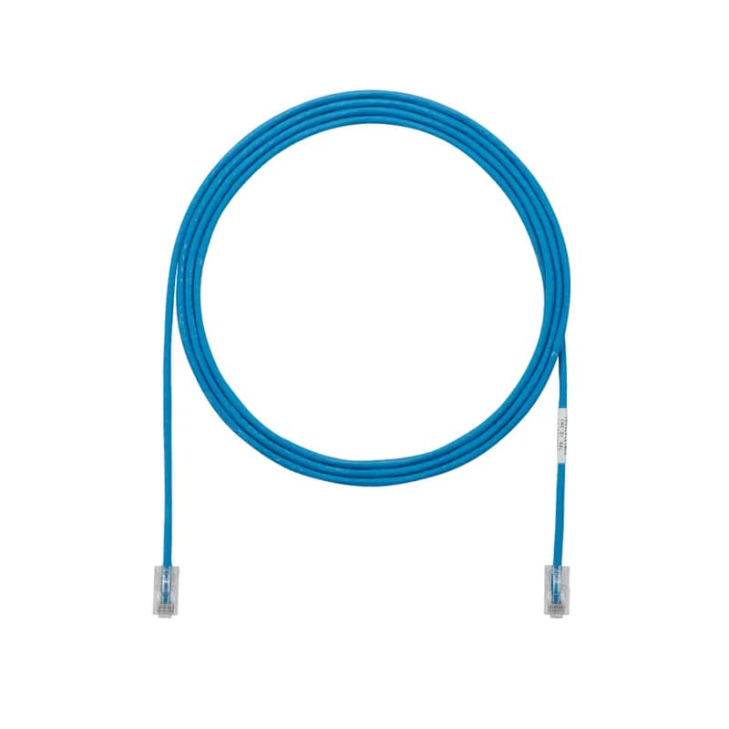 The TX5e Cat 5e UTP Patch Cord is a 1-Foot, 0.150-inch (3.8mm) diameter, Blue cord constructed of 28 AWG, unshielded, twisted pair, stranded, CM cable with Pan-Plug modular plugs. Its compact 28 AWG design simplifies installation and management. The tangle-free latch prevents snags and ensures a fast release, streamlining moves, adds, and changes. Enabled with RapidID, the product has pre-installed barcodes for simple port mapping using RapidID software.