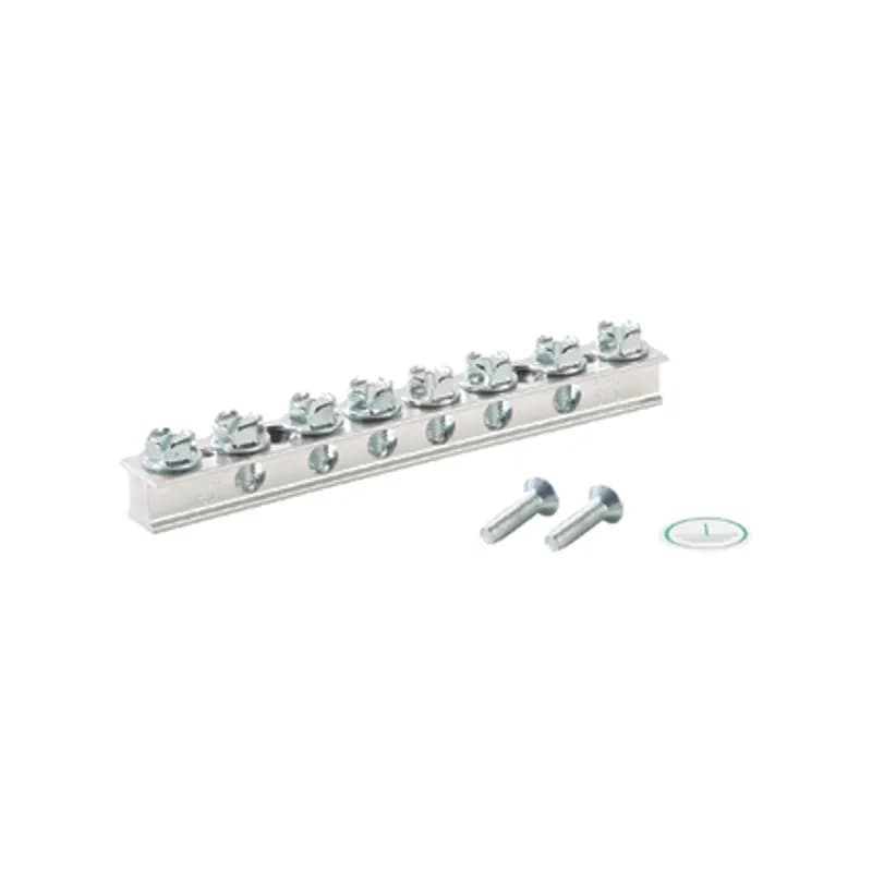 The UGB2/0-414-6 Universal Ground Bar securely terminates the main equipment grounding conductor with a compression or mechanical connector in any control panel or enclosure. The universal ground bar accepts #14 #4 AWG wire in 6 wire ports and up to a 2/0 AWG main equipment grounding conductor with a compression or mechanical connector. Several mounting options are available, including bonding stand-offs, isolation stand-offs, and direct mounting to a panel.