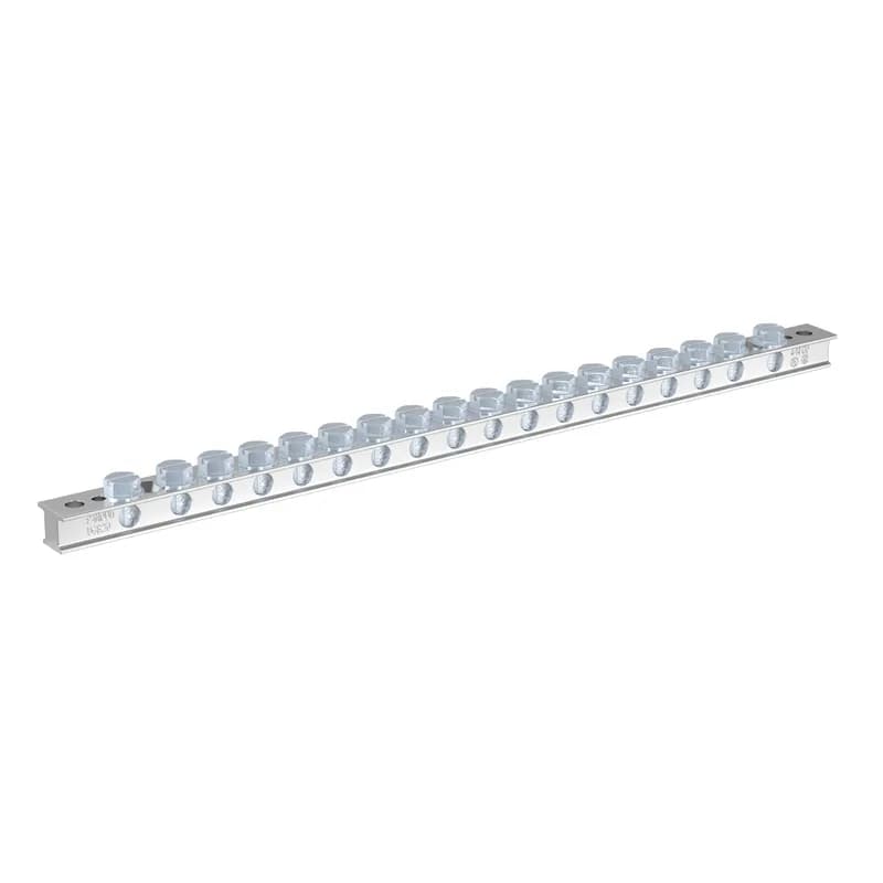 The UGB2/0-414-18 Universal Ground Bar securely terminates the main equipment grounding conductor with a compression or mechanical connector in any control panel or enclosure. The universal ground bar accepts #14 #4 AWG wire in 18 wire ports and up to a 2/0 AWG main equipment grounding conductor with a compression or mechanical connector. Several mounting options are available, including bonding stand-offs, isolation stand-offs, and direct mounting to a panel.