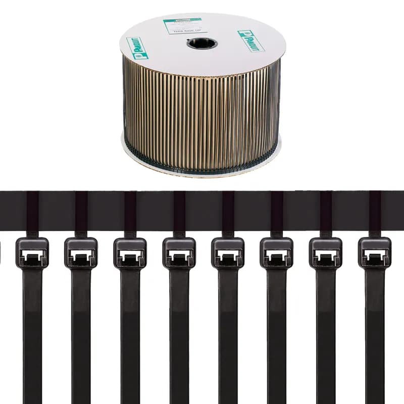 Reel-Fed cable tie for PAT3S system, standard cross section, 11.3 (287mm) length, heat stabilized nylon 6.6, black.