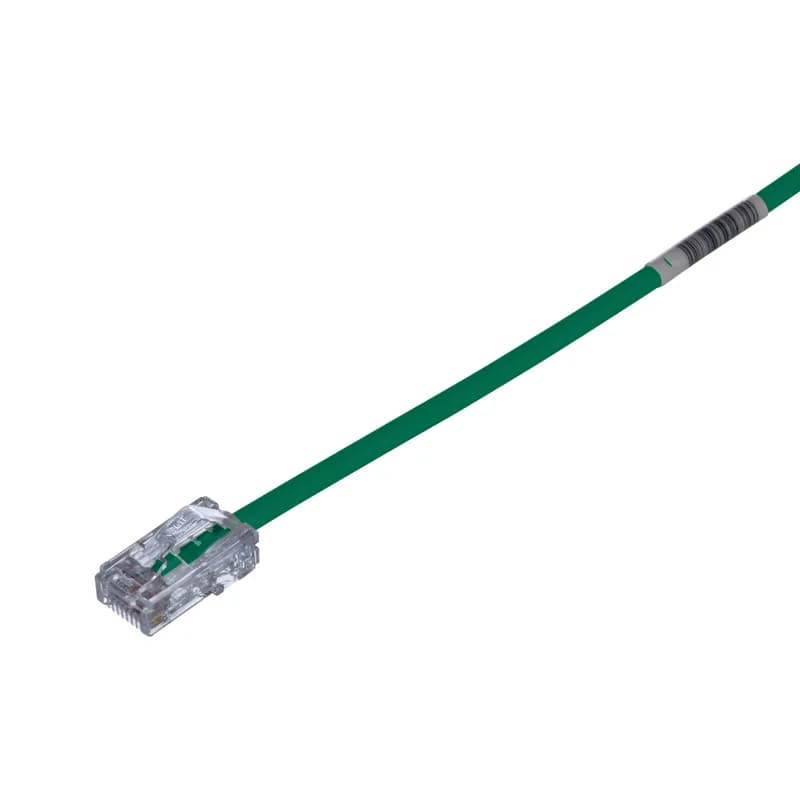 The TX5e Cat 5e UTP Patch Cord is a 2-Foot, 0.150-inch (3.8mm) diameter, Green cord constructed of 28 AWG, unshielded, twisted pair, stranded, CM cable with Pan-Plug modular plugs. Its compact 28 AWG design simplifies installation and management. The tangle-free latch prevents snags and ensures a fast release, streamlining moves, adds, and changes. Enabled with RapidID, the product has pre-installed barcodes for simple port mapping using RapidID software.