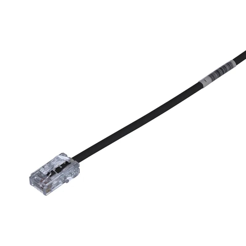 The TX5e Cat 5e UTP Patch Cord is a 5-Foot, 0.150-inch (3.8mm) diameter, Black cord constructed of 28 AWG, unshielded, twisted pair, stranded, CM cable with Pan-Plug modular plugs. Its compact 28 AWG design simplifies installation and management. The tangle-free latch prevents snags and ensures a fast release, streamlining moves, adds, and changes. Enabled with RapidID, the product has pre-installed barcodes for simple port mapping using RapidID software.