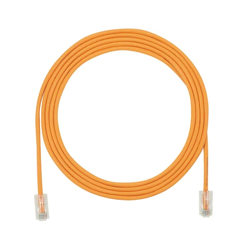 The TX5e Cat 5e UTP Patch Cord is a 9-Foot, 0.150-inch (3.8mm) diameter, Orange cord constructed of 28 AWG, unshielded, twisted pair, stranded, CM cable with Pan-Plug modular plugs. Its compact 28 AWG design simplifies installation and management. The tangle-free latch prevents snags and ensures a fast release, streamlining moves, adds, and changes. Enabled with RapidID, the product has pre-installed barcodes for simple port mapping using RapidID software.