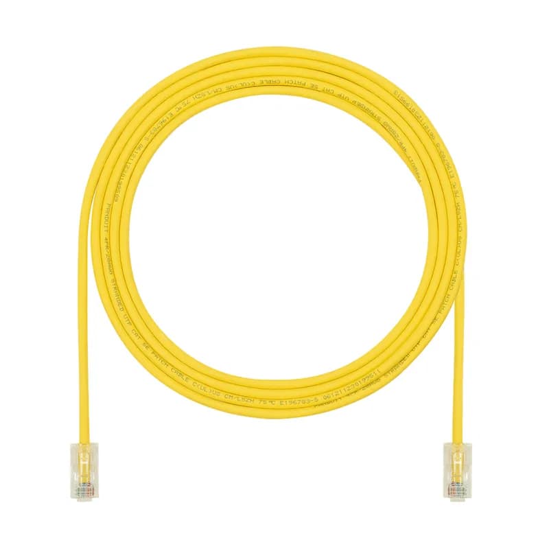 The TX5e Cat 5e UTP Patch Cord is a 2-Meter, 0.150-inch (3.8mm) diameter, Yellow cord constructed of 28 AWG, unshielded, twisted pair, stranded, CM cable with Pan-Plug modular plugs. Its compact 28 AWG design simplifies installation and management. The tangle-free latch prevents snags and ensures a fast release, streamlining moves, adds, and changes. Enabled with RapidID, the product has pre-installed barcodes for simple port mapping using RapidID software.