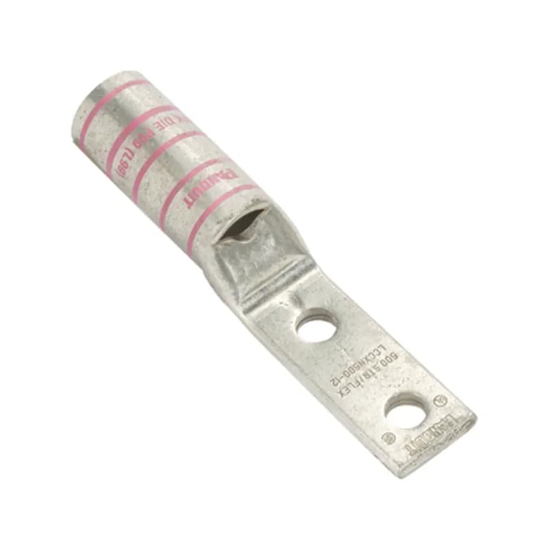 Copper Compression Lug, 2 Hole, #2 AWG, Narrow Tongue, 1/4" (6.4mm) Stud, .63 (16mm) Hole Spacing