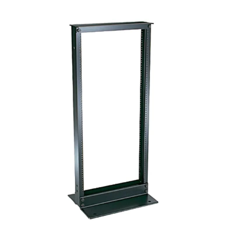 The 2-Post rack provides a reliable foundation for mounting telecommunications and data center equipment. The 48 inch tall rack accepts 19-inch wide equipment with mounting rails that have #12-24 EIA universal mounting hole spacing, and printed numbering from the bottom up. A range of cable managers and accessories work with the rack. The 3-inch deep channel rack is UL listed for 300 pounds and is made of extruded aluminum. The rack is 24 RU and black.