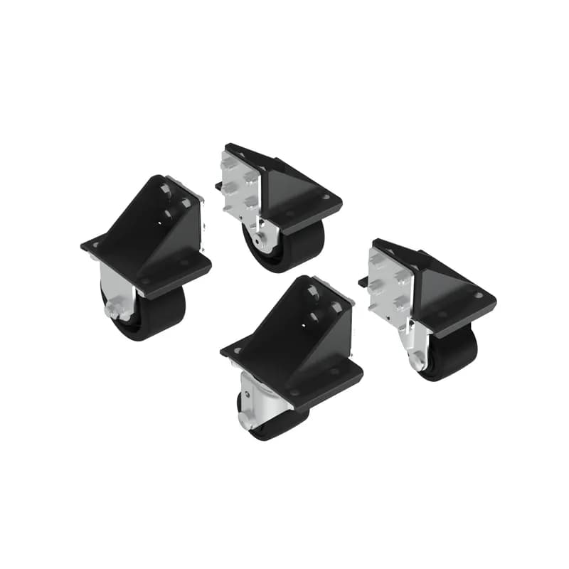 The N-Type Cabinet Caster Kit includes two fixed casters for the front of the cabinet and two swivel casters for the rear of the cabinet. These cabinet casters add 24mm to the height of the cabinet. The caster kit also includes four mounting plates and 24 screws for installation. It is black.