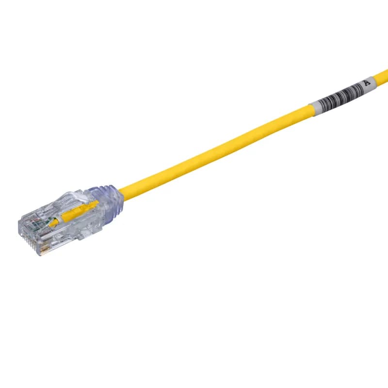 The TX6-28 Cat 6 UTP Patch Cord is a 2-Foot, 0.150-inch (3.8mm) diameter, Yellow cord constructed of 28 AWG, unshielded, twisted pair, stranded, CM/LSZH cable with high-performance modular plugs. Its compact 28 AWG design simplifies installation and management. The tangle-free latch prevents snags and ensures a fast release, streamlining moves, adds, and changes. Enabled with RapidID, the product has pre-installed barcodes for simple port mapping using RapidID software.