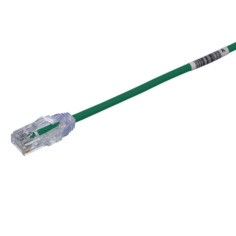 The TX6-28 Cat 6 UTP Patch Cord is a 5-Foot, 0.150-inch (3.8mm) diameter, Green cord constructed of 28 AWG, unshielded, twisted pair, stranded, CM/LSZH cable with high-performance modular plugs. Its compact 28 AWG design simplifies installation and management. The tangle-free latch prevents snags and ensures a fast release, streamlining moves, adds, and changes. Enabled with RapidID, the product has pre-installed barcodes for simple port mapping using RapidID software.