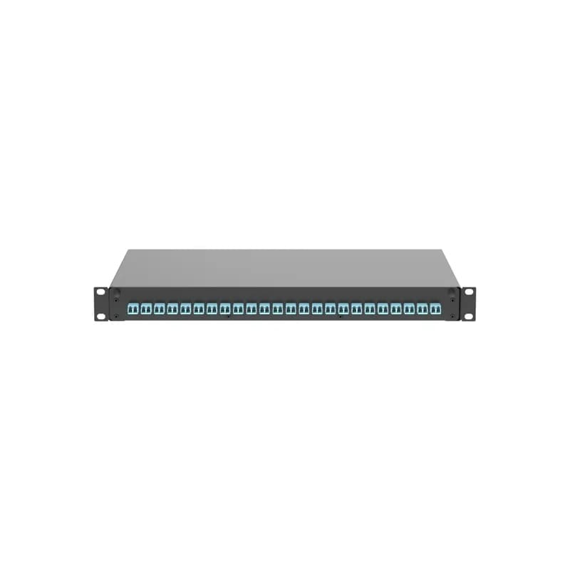 The fiber drawer is pre-loaded with 24 aqua duplex LC adapters with zirconia sleeves. It is black powdered coated steel and measures 1.73 inches H x 17.5 inches W x 12.1 inches D (44mm x 445mm x 308mm)