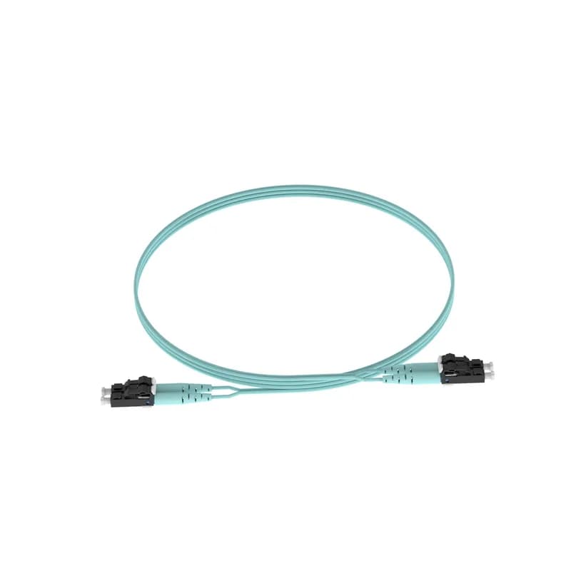 The duplex fiber patch cord is OM3 with a 1.6mm jacket. It is Low Smoke Zero Halogen (LSZH) rated and features LC Duplex connectors. It has standard insertion loss and is 2 meters in length.