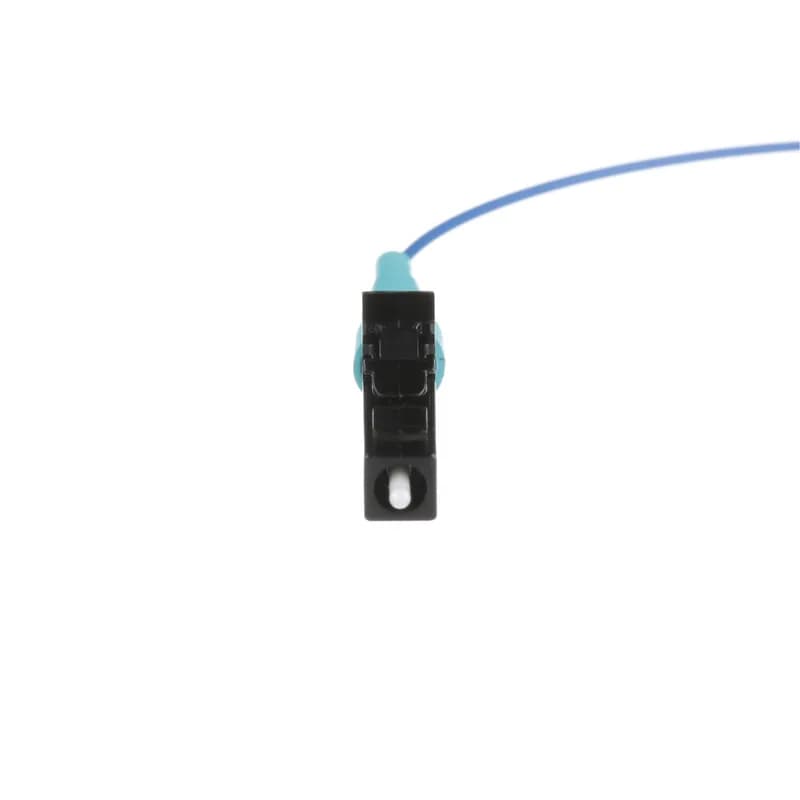 The simplex patch cord is OM3 900 m buffered fiber with no jacket. It features a LC connector to a pigtail, has standard insertion loss and is 3 meters in length.