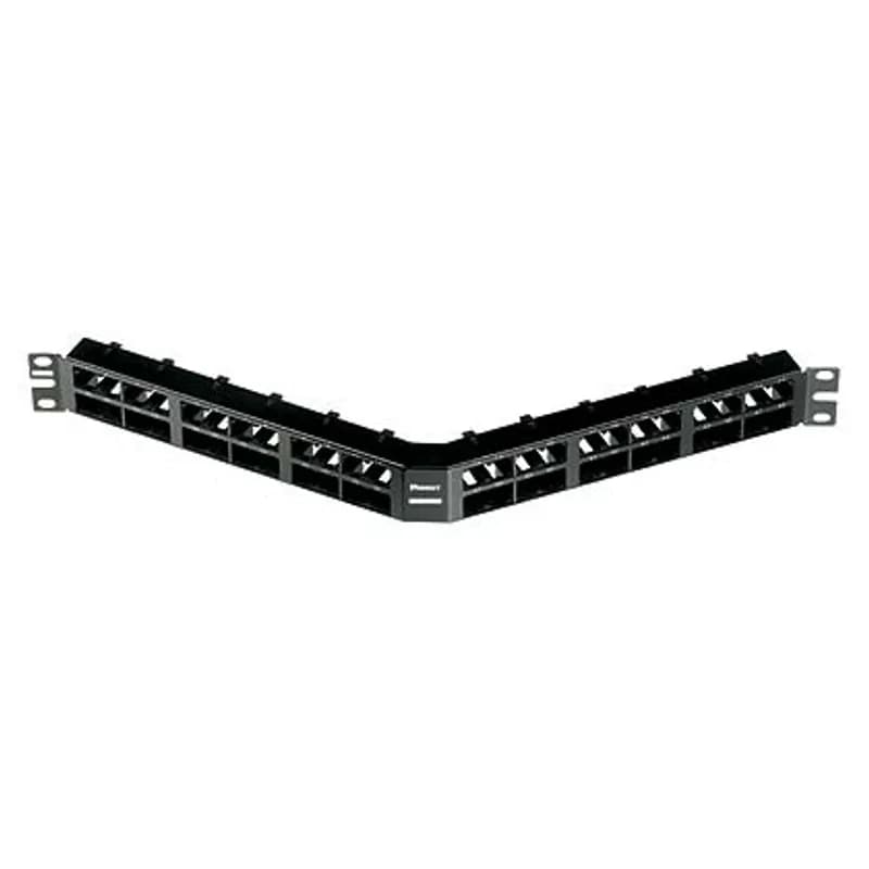 The Mini-Com High Density Shielded Modular Patch Panel accepts up to 48 Mini-Com Shielded Jack Modules in 1 RU. The panel has an angled design and mounts to 19 inch and 23 inch racks and cabinets. It includes a stainless steel stamping with molded faceplates that have a metal bonding strip. The panel is black.