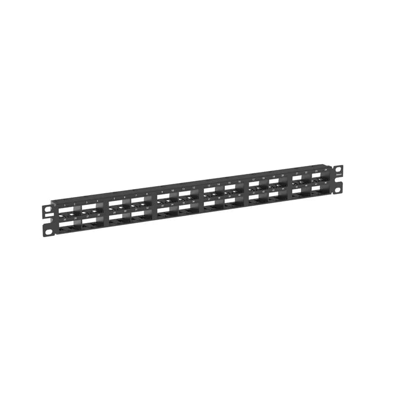 The Mini-Com High Density Shielded Modular Patch Panel accepts up to 48 Mini-Com Shielded Jack Modules in 1 RU. The panel has a flat design and mounts to 19 inch and 23 inch racks and cabinets. It includes a stainless steel stamping with molded faceplates that have a metal bonding strip. The panel is black.