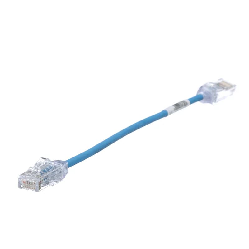 The TX6-28 Cat 6 UTP Patch Cord is a 8-Inches, 0.150-inch (3.8mm) diameter, Blue cord constructed of 28 AWG, unshielded, twisted pair, stranded, CM/LSZH cable with high-performance modular plugs. Its compact 28 AWG design simplifies installation and management. The tangle-free latch prevents snags and ensures a fast release, streamlining moves, adds, and changes. Enabled with RapidID, the product has pre-installed barcodes for simple port mapping using RapidID software.