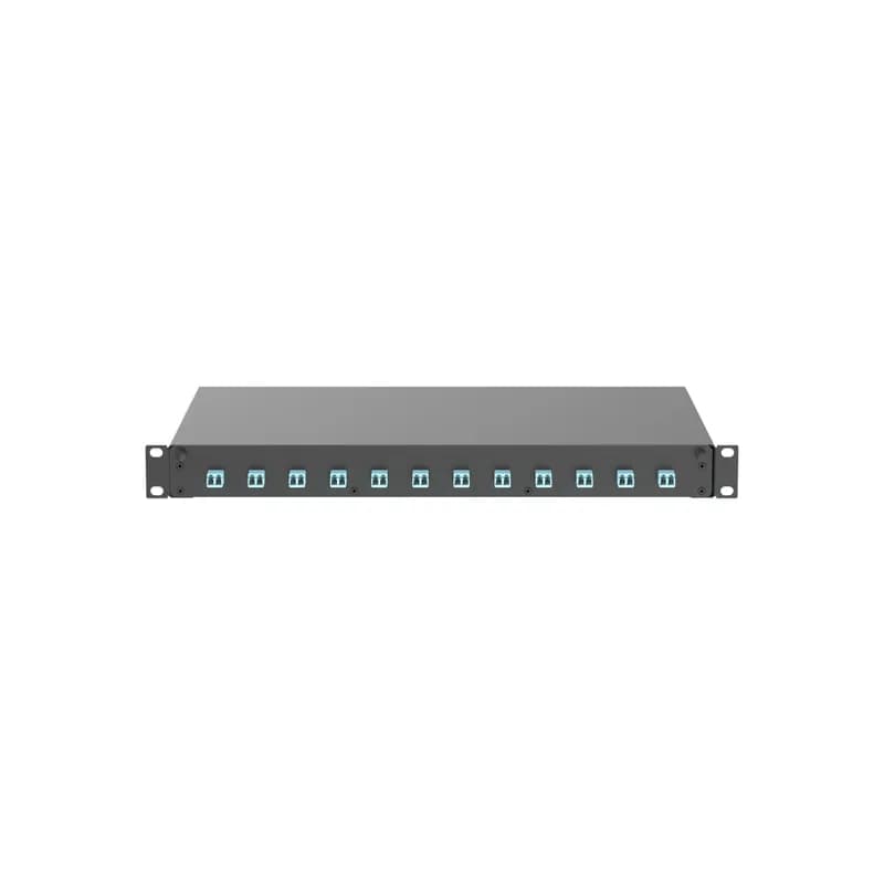The fiber drawer is pre-loaded with 12 aqua duplex LC adapters with zirconia sleeves. It is black powdered coated steel and measures 1.73 inches H x 17.5 inches W x 12.1 inches D (44mm x 445mm x 308mm)