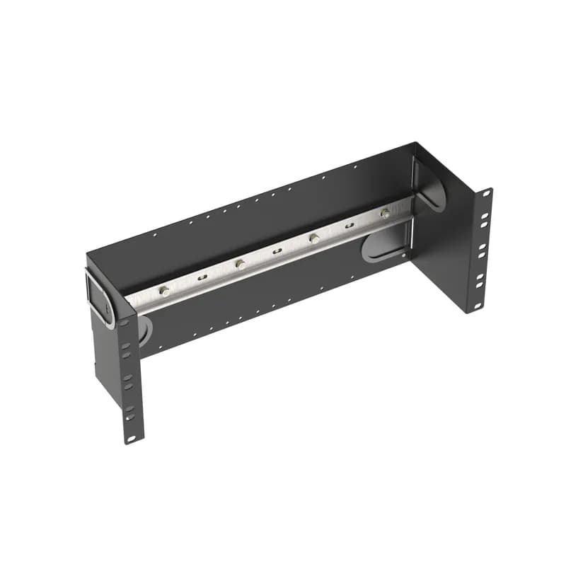 The industrial automation bracket installs DIN-mountable equipment into a standard EIA 19 inch (483mm) rack or cabinet. This bracket is made of steel, is 4 RU, and is black.