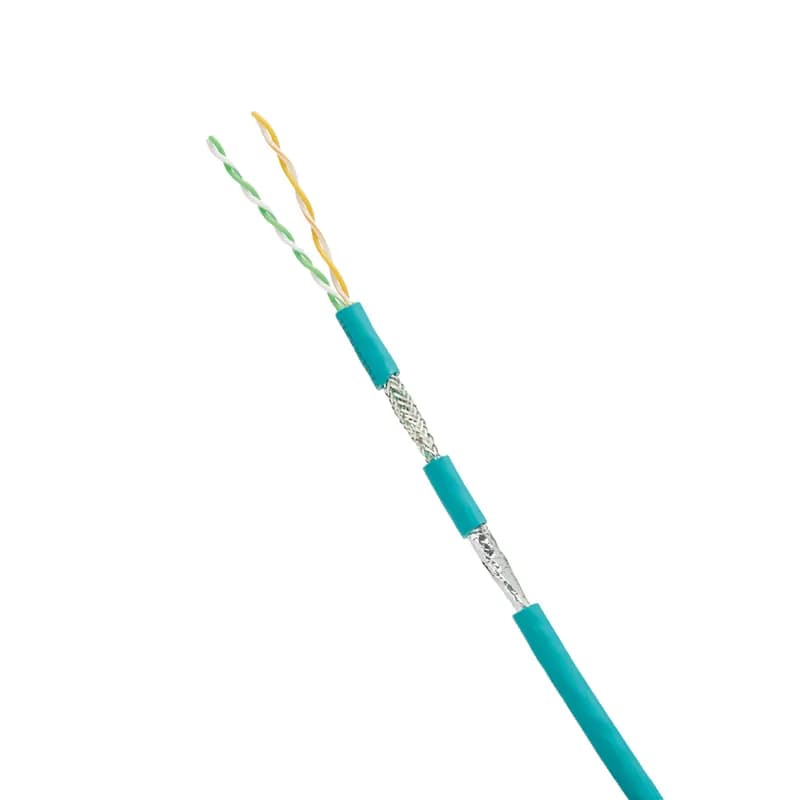 This Cat 5e SF/UTP copper cable is constructed of 24/7 AWG stranded copper conductors with HDPE insulation. The copper conductors are twisted in pairs and wrapped with a foam polypropylene tape to form a core. Both pairs are surrounded by an overall braided shield and metallic foil and covered with a thermoplastic elastomer (TPE) jacket. The cable is supplied 305 meters (1,000 feet) to a reel and teal.