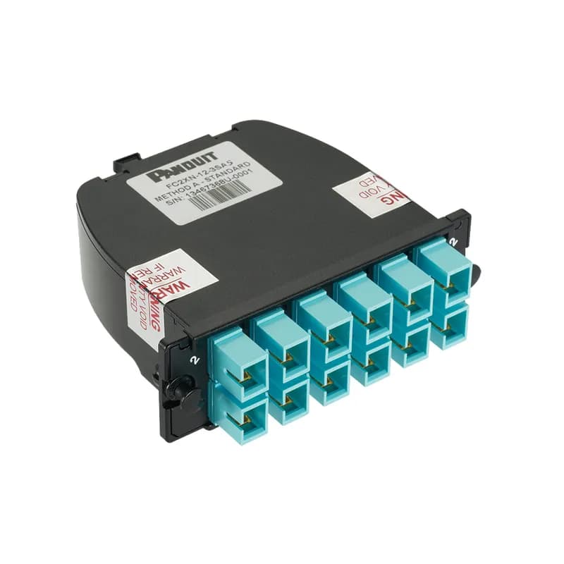 Panduit FC2XO-12-10B1 - OM3 12-FIBER TOTAL, AQUA ADAPTER, ZIRCONIA SPLIT SLEEVE, OPTIMIZED LOW LOSS, LC DUPLEX TO MTP (MALE); METHOD B - B1 (1-1 ARRAY)