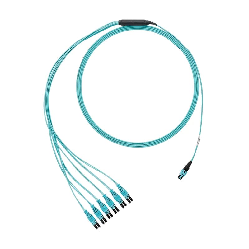 OM3, 12-fiber, harness cable assembly, plenum rated, Female MPO to LC duplex with 61cm (24 Inch) equal breakout, Optimized IL,7 feet
