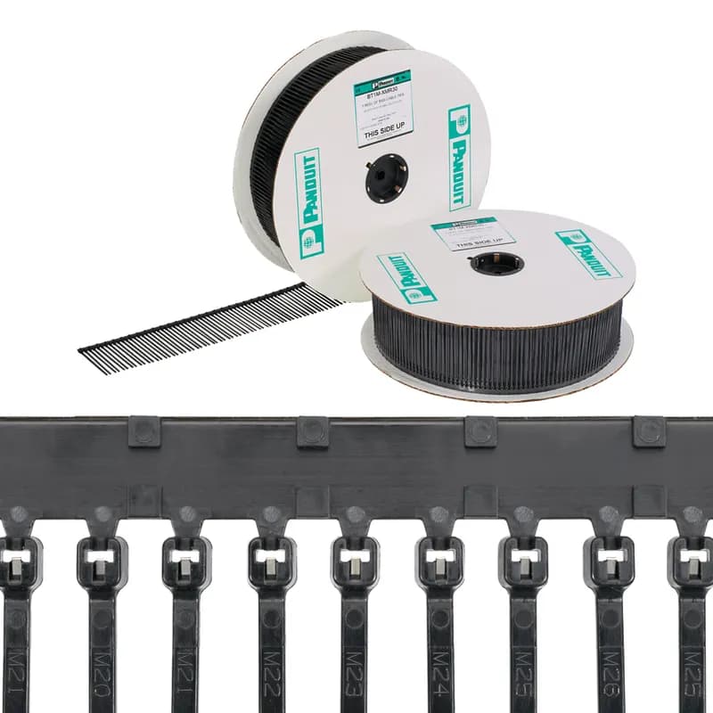 Panduit BT1M- XMR0 continuously molded barbed cable ties provide constant feeding for high productivity and reduced downtime due to fewer reel changes. Exclusive stainless steel locking barb with high loop tensile strength provides higher reliability for demanding applications. Miniature cross section, 4 (102mm) cable ties for use with PAT1M4.0-BT Tool. Made of Nylon 6.6, are black in color and come 5,000 ties per reel.