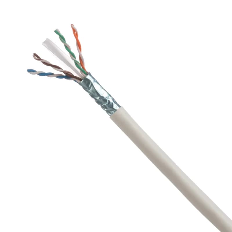 The TX6A Cat 6A shielded F/UTP copper cable is constructed of 23 AWG copper conductors with HDPE insulation. The conductors are twisted in pairs and separated by a cross divider. All four pairs are surrounded by an overall metallic foil shield within a HDPE flame-retardant jacket. The white, LSZH (IEC 60332-3) cable is supplied 305 meters (1,000 feet) to a reel.