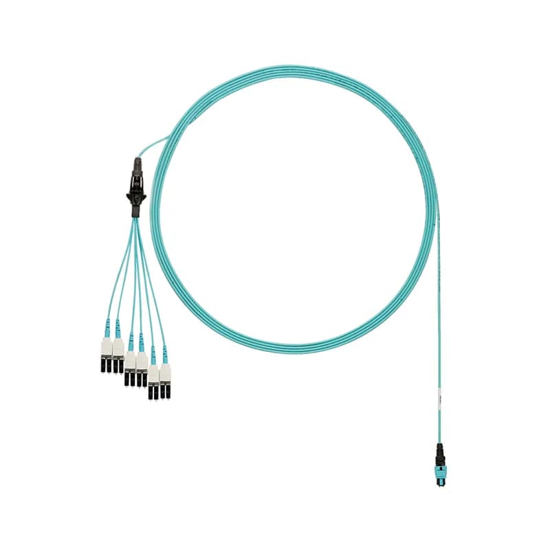 OM4 12-fiber round harness cable assembly, plenum (OFNP) rated, PanMPO Male to LC Uniboot staggered pairs, 1 and 2 longest, Std. IL. Aqua, 12 ft.