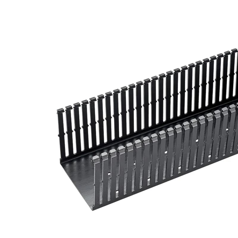 The F4X4BL6 Panduct Lead-Free PVC Narrow Slot Wiring Duct features a narrow slot/finger design that closely matches the spacing of high-density components. Upper and lower scorelines allow for easy finger/sidewall section removal. UL 94 flame class of V-0 with a UL recognized continuous-use temperature up to 122 F (50 C). Mounting holes provided. Lead-free PVC. 4" x 4" (101.6 mm x 101.6 mm) and 6' (1.83 m) long. Cover sold separately. Color Black.