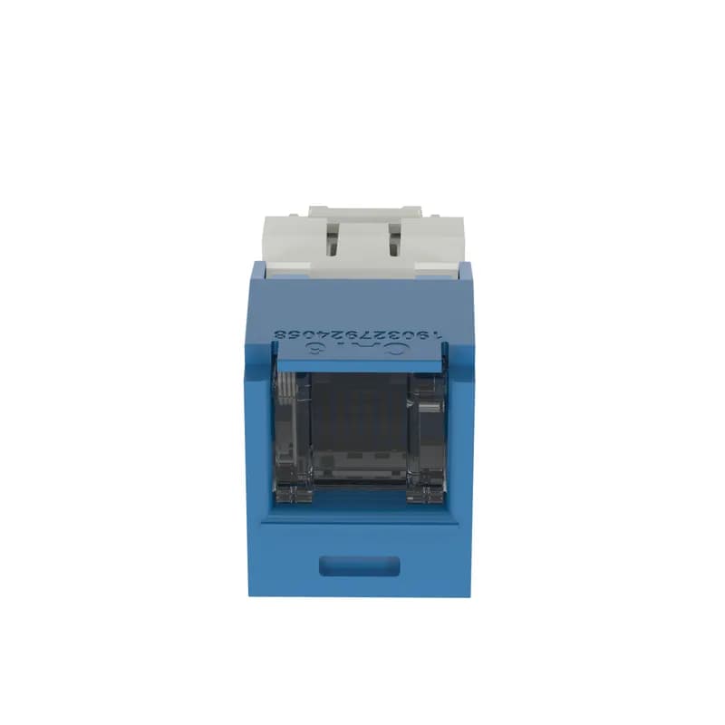 The Mini-Com Cat 6 UTP RJ45 Spring-Shuttered TG Jack Module is designed to terminate 4-pair, 22-26 AWG twisted pair cable. Each module is 100% factory tested to exceed industry standard performance requirements. The integrated spring shuttered door keeps dust and debris out of unmated RJ45 jack modules. Each jack is individually serialized for traceability and is compatible with Mini-Com Modular Patch Panels and Faceplates. The jack module is blue.