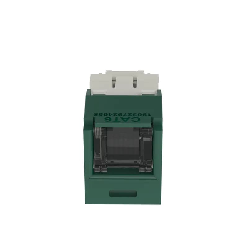 The Mini-Com Cat 6 UTP RJ45 Spring-Shuttered TG Jack Module is designed to terminate 4-pair, 22-26 AWG twisted pair cable. Each module is 100% factory tested to exceed industry standard performance requirements. The integrated spring shuttered door keeps dust and debris out of unmated RJ45 jack modules. Each jack is individually serialized for traceability and is compatible with Mini-Com Modular Patch Panels and Faceplates. The jack module is green.