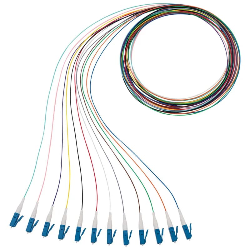 The NetKey 1 Fiber pigtail is OS2, LC to pigtail with 900 m buffered cable and is 1 meter in length. This kit contains 12 pigtails each with different color fiber.