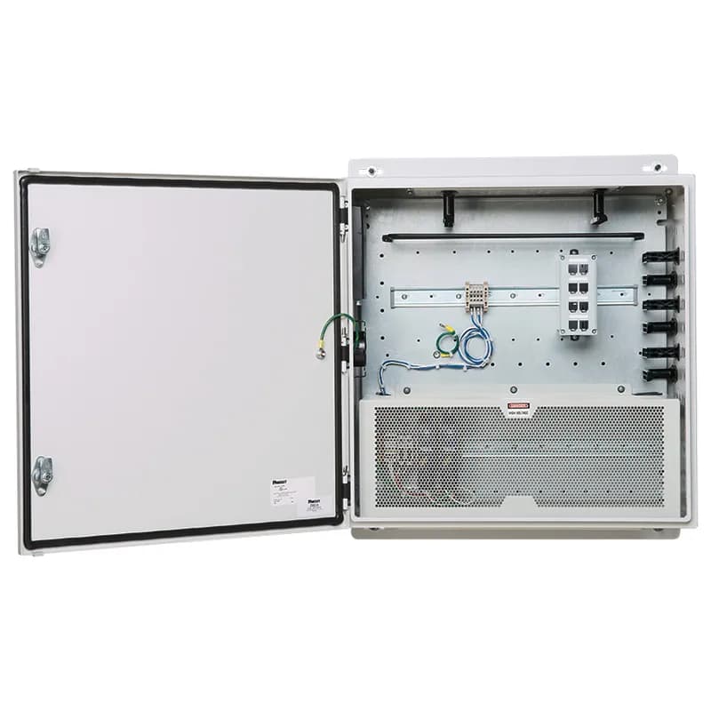 The universal network zone system is a mild steel enclosure that is 24" x 24 . This network zone system is made for one industrial switch and includes eight Cat 6 UTP copper patch cords and jack modules, two multimode LC fiber uplink patch cords with six adapters and redundant power supplies. The universal network zone system provides usability like IT switches for any customer owned industrial switch to be deployed on the plant floor.