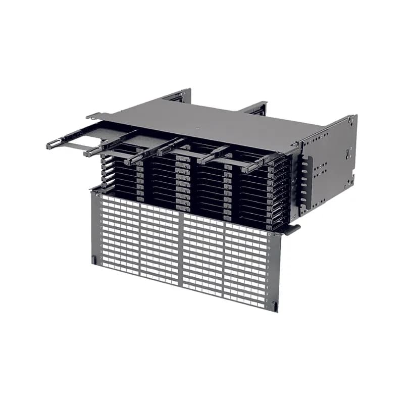 The HD Flex Fiber Enclosure is 4 RU and is configured to accept 6 port HD Flex cassettes. The modular design accepts up to 12 HD Flex Fiber Cassettes per RU or Fiber Adapter Panels for a maximum density of 144 fibers per RU.
