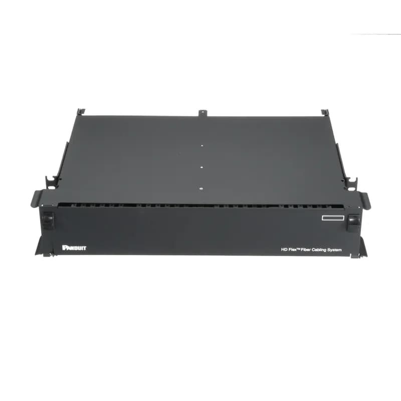 The HD Flex Fiber Enclosure is 2 RU and is configured to accept 6 port HD Flex cassettes. The modular design accepts up to 12 HD Flex Fiber Cassettes per RU or Fiber Adapter Panels for a maximum density of 144 fibers per RU.