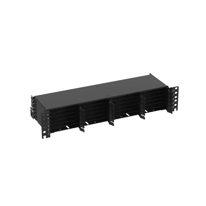 The HD Flex Fiber Panel is 2 RU and accepts up to twenty-four 6 port HD Flex cassettes or Fiber Adapter Panels for a maximum density of 288 fibers.