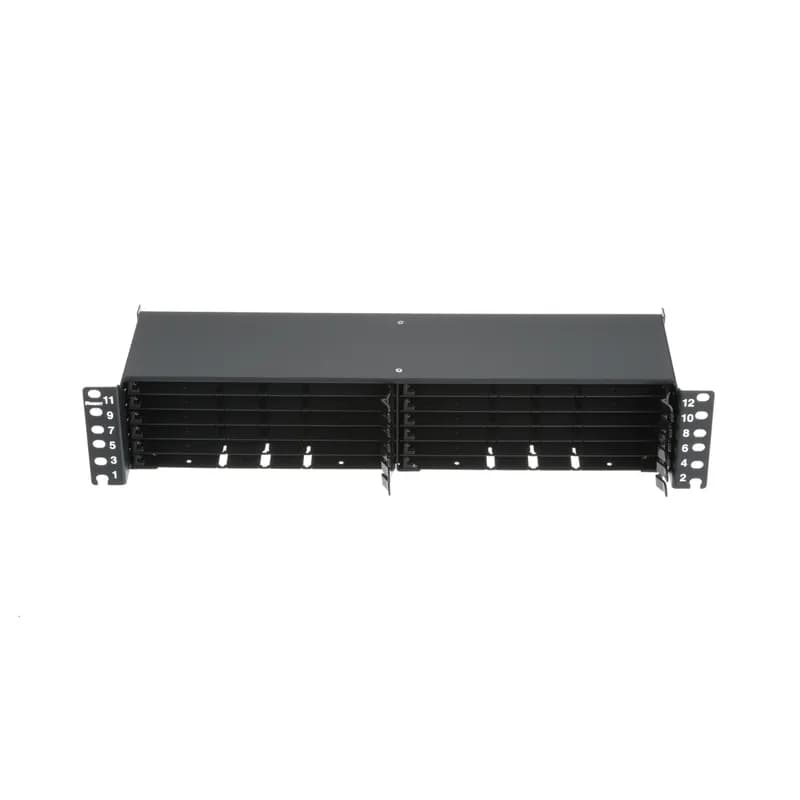 The HD Flex Fiber Panel is 2 RU and accepts up to twelve 12-port HD Flex cassettes or Fiber Adapter Panels for a maximum density of 288 fibers.