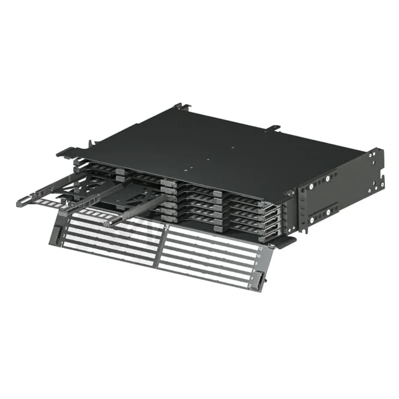 The HD Flex Fiber Enclosure is 2 RU and is configured to accept 4-port HD Flex cassettes. The modular design accepts up to 36 HD Flex Fiber Cassettes or Fiber Adapter Panels for a maximum density of 288 fibers.
