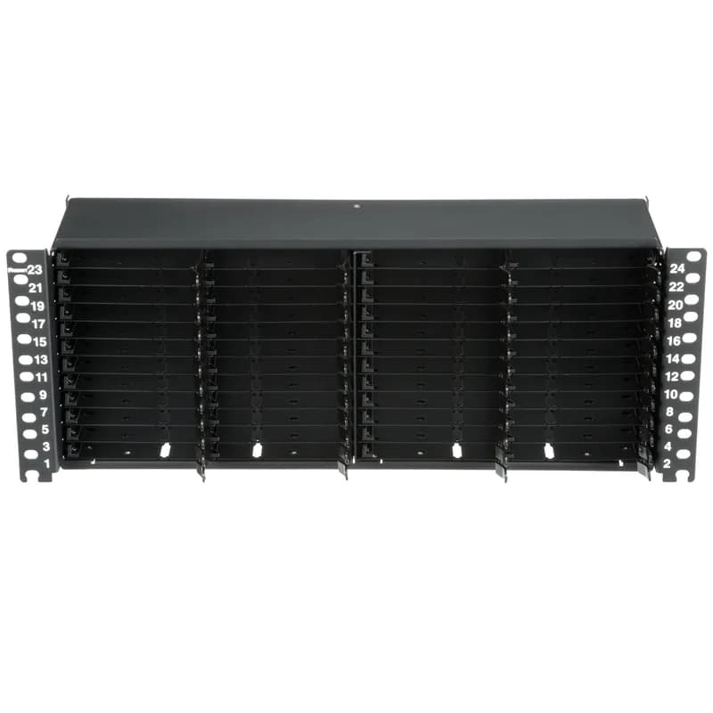 The HD Flex Fiber Panel is 4 RU and accepts up to forty-eight 6 port HD Flex cassettes or Fiber Adapter Panels for a maximum density of 576 fibers.