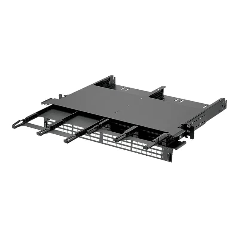The HD Flex Fiber Enclosure is 1 RU and is configured with sliding front-access drawers to accept up to eighteen 4 port HD Flex cassettes or Fiber Adapter Panels for a maximum density of 144 fibers.