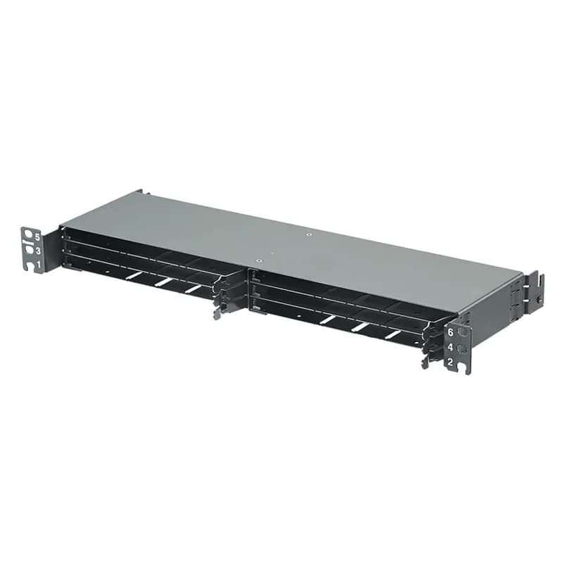 The HD Flex Fiber Panel is 1 RU and accepts up to six 12-port HD Flex cassettes or Fiber Adapter Panels for a maximum density of 144 fibers.